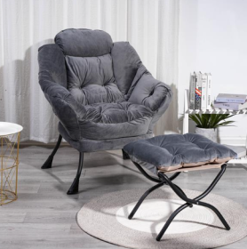 Living Room Chair Modern Cotton Fabric Lazy Chair With Armrests And Side Pockets - Dark Grey With Ottoman
