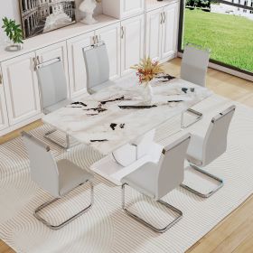 Table and chair set, modern minimalism and luxurious white rectangular pattern dining table. Soft and comfortable dining chair, for dining room