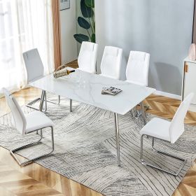 Table and chair set. 1 table and 6 white chairs. Rectangular dining table, 0.4 inch white imitation marble tabletop