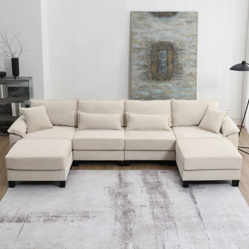 [VIDEO provided] [New] 133*65" Corduroy Modular Sectional Sofa,U Shaped Couch with Armrest Bags,6 Seat Freely Combinable Sofa Bed