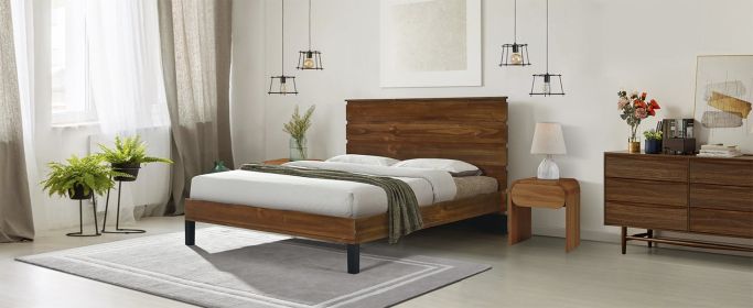 Mid-Century Modern Solid Wood Bed Frame Queen Size Platform Bed with Six-Piece Headboard Design, No Box Spring Needed, Brown