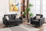 Victoria Dark Gray Linen Fabric Loveseat Chair Living Room Set with Metal Legs, Side Pockets, and Pillows