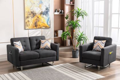 Victoria Dark Gray Linen Fabric Loveseat Chair Living Room Set with Metal Legs, Side Pockets, and Pillows