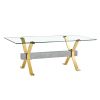 1 table and 8 chairs. Modern simple luxury tempered glass rectangular dining table and desk with 8 black PU gold plated leg chairs 79''x39''x30''