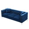 82.3&quot; Width Modern Velvet Sofa Jeweled Buttons Tufted Square Arm Couch Blue; 2 Pillows Included