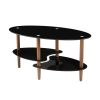 Black Oval glass coffee table, modern table in living room Oak wood leg tea table 3-layer tempered glass table