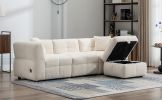 87.7" Sectional Sofa Cozy Teddy Fleece Fabric Sectional Sofa Couch with Two USB Ports a Movable Storage Ottoman and Two Lumbar Pillows for Living Room