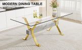 1 table and 8 chairs. Modern simple luxury tempered glass rectangular dining table and desk with 8 black PU gold plated leg chairs 79''x39''x30''