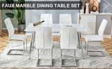 Table and chair set. 1 table and 6 white chairs. Rectangular dining table, 0.4 inch white imitation marble tabletop