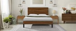 Mid-Century Modern Solid Wood Bed Frame Queen Size Platform Bed with Six-Piece Headboard Design, No Box Spring Needed, Brown