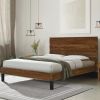 Mid-Century Modern Solid Wood Bed Frame Queen Size Platform Bed with Six-Piece Headboard Design, No Box Spring Needed, Brown