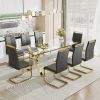 1 table and 8 chairs. Modern simple luxury tempered glass rectangular dining table and desk with 8 black PU gold plated leg chairs 79''x39''x30''