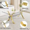 1 table and 8 chairs. Modern simple luxury tempered glass rectangular dining table and desk with 8 black PU gold plated leg chairs 79''x39''x30''