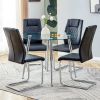 Table and chair set. (1 table+4 black chairs) Round dining table with a 40 inch diameter glass tabletop and silver plated metal legs. 4 black PU chair