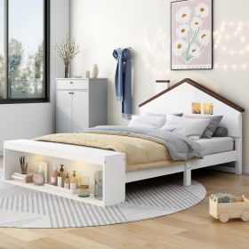 Full Size House Platform Bed with LED Lights and Storage (Color: White)