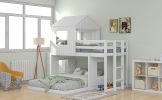 Wooden Twin Over Full Bunk Bed, Loft Bed with Playhouse, Farmhouse, Ladder and Guardrails
